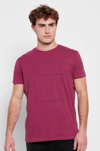 Funky Buddha ανδρικό T-shirt μονόχρωμο με contrast minimal logo print και logo label στο πλάι - FBM007-380-04 Βυσσινί